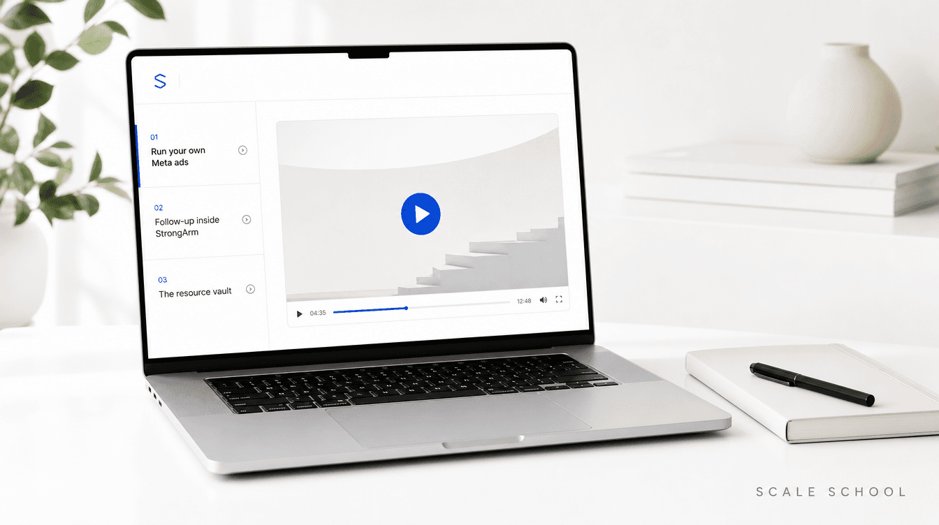 The Scale School course platform — lessons on running your own ads and follow-up