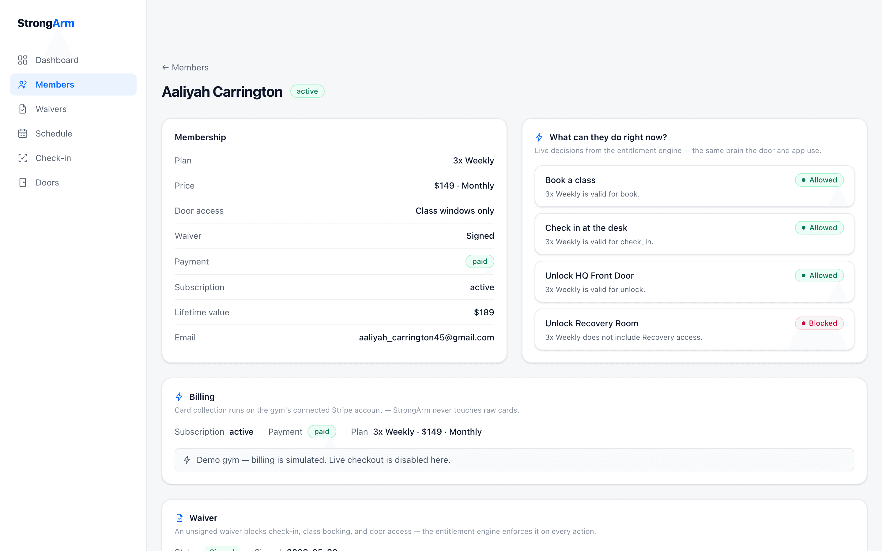 StrongArm member detail — the entitlement engine decides what each member can do